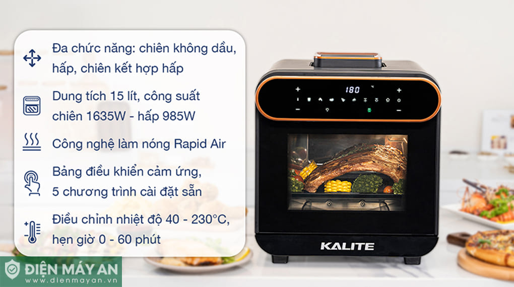 Lò chiên không dầu kết hợp hấp Kalite STEAM PRO 15 lít